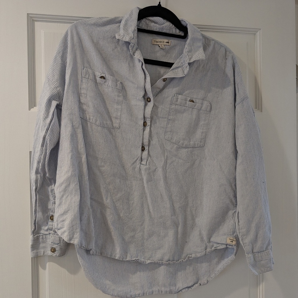 Toad & Co Womens White Blue Striped Indigo Ridge Popover Blouse - Organic Cotton